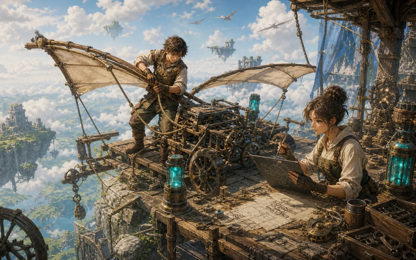 Original creation-themed duo assembling a flying machine