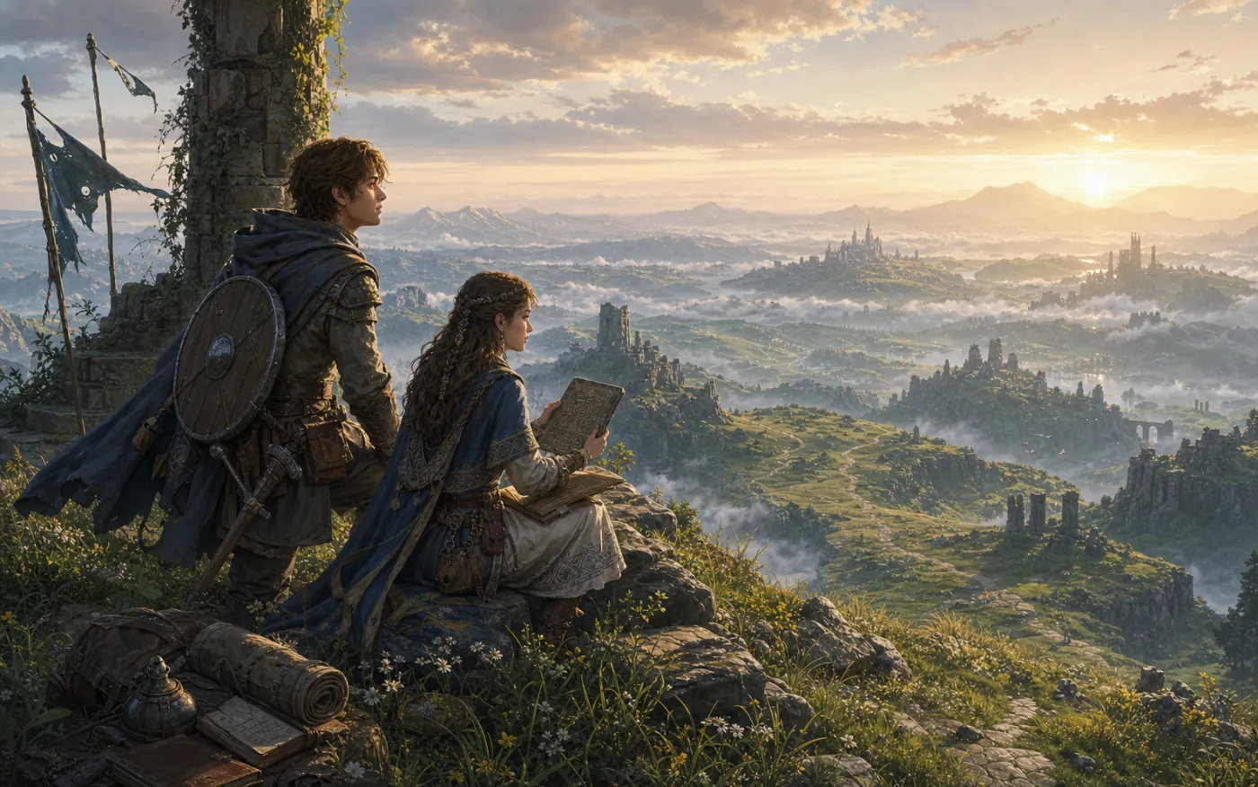 Original exploration-themed duo gazing at a vast kingdom