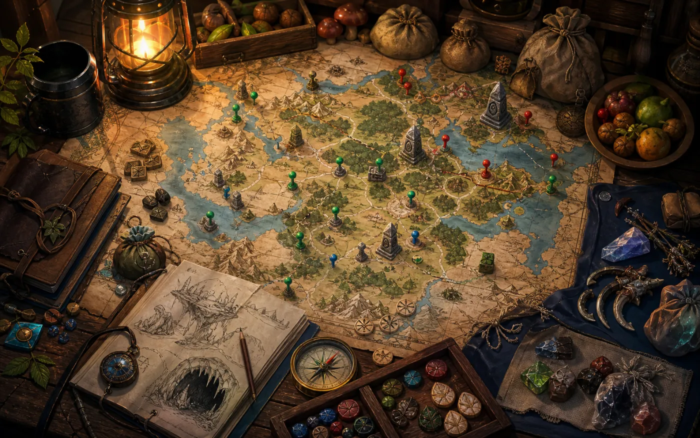 Original scene of a desk map, colored markers, and adventure collectibles