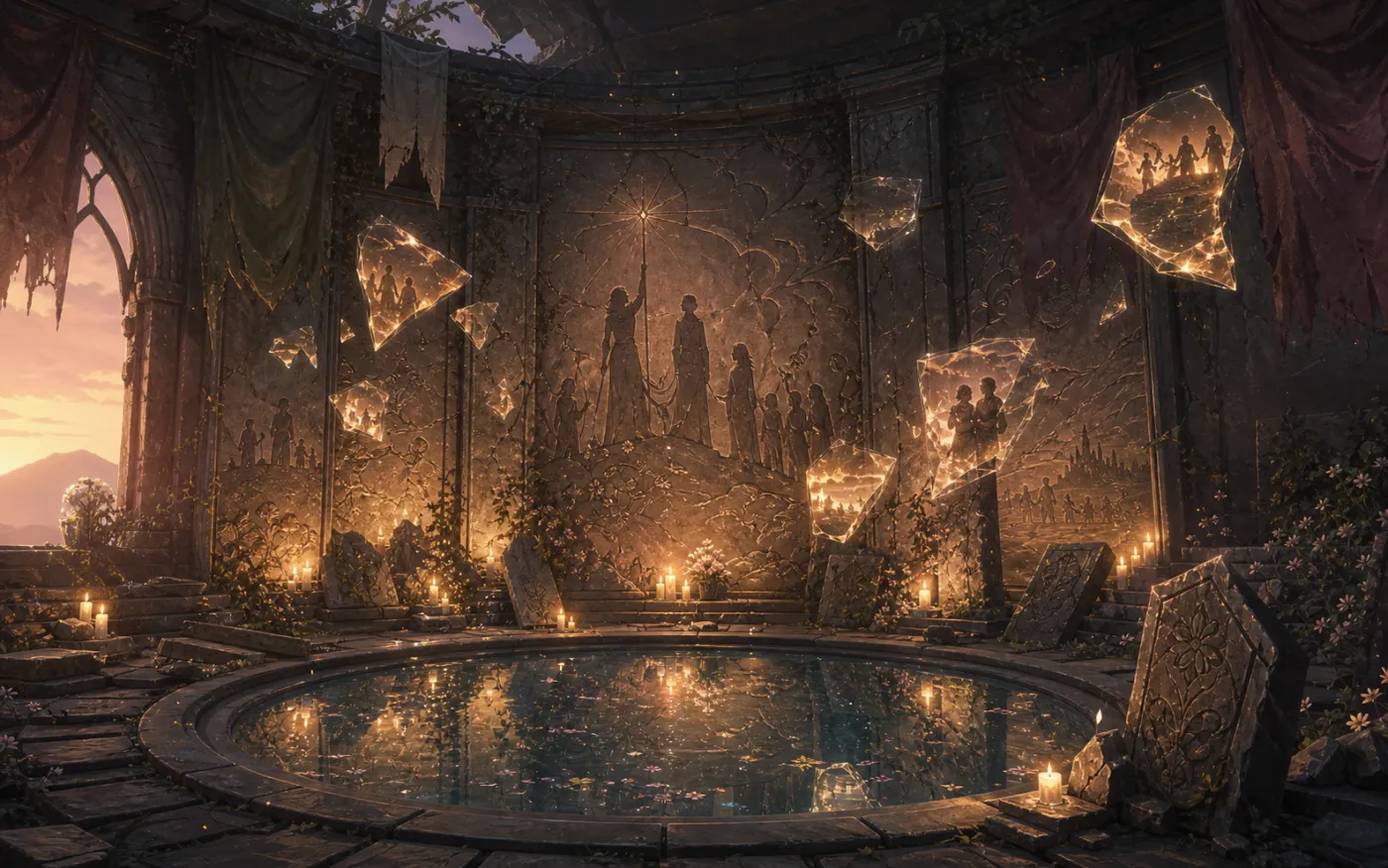 Original scene of a ruined archive hall, memory shards, and a reflecting pool