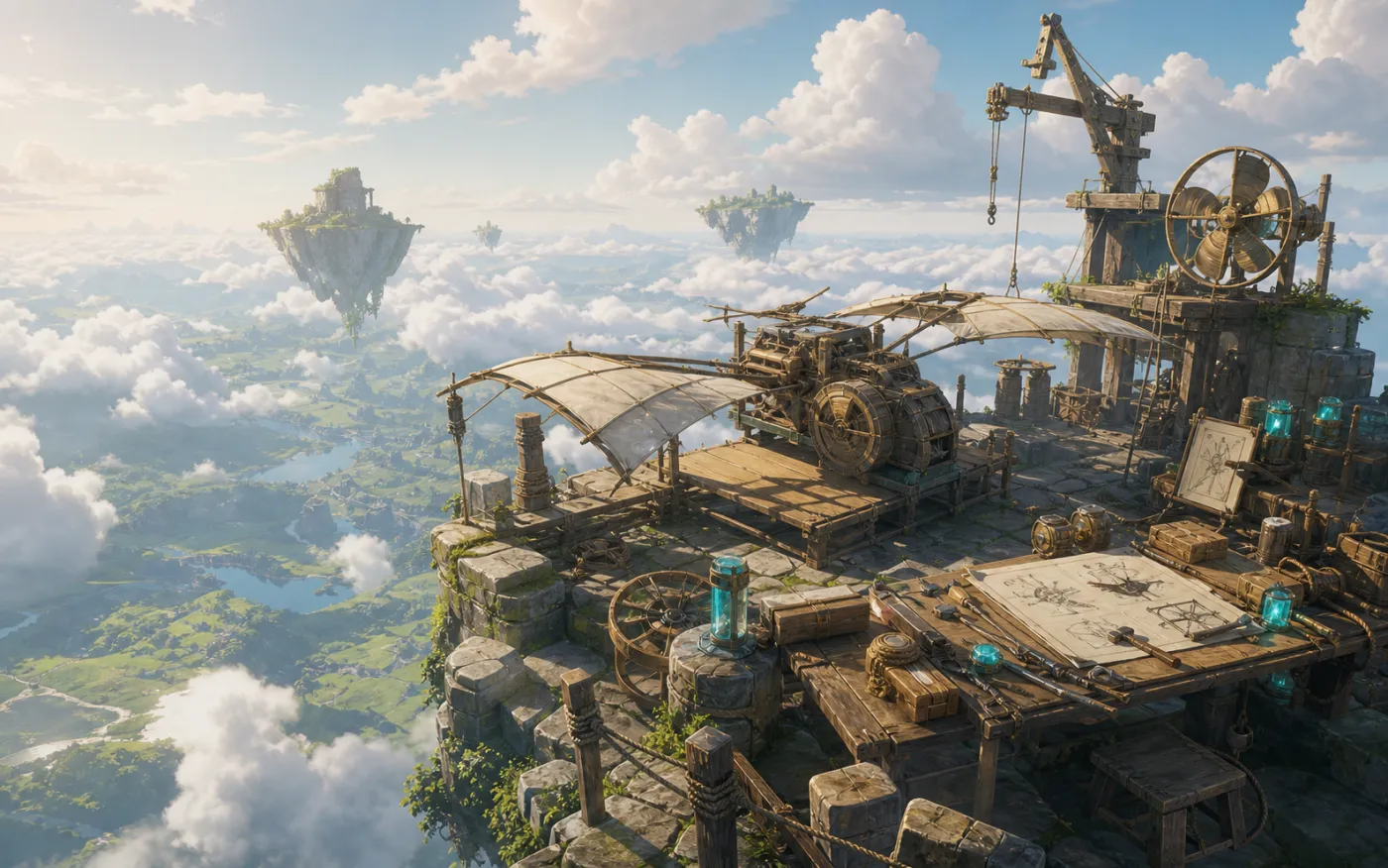 Original scene of a sky workshop, flying device, and sea of clouds