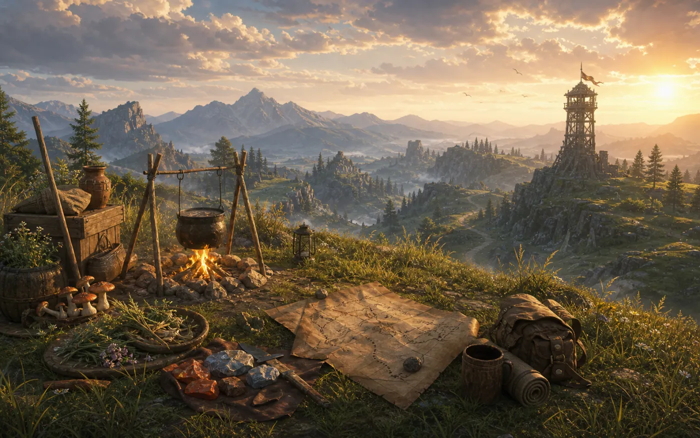 Original scene of a wilderness camp, cooking pot, map, and distant mountains