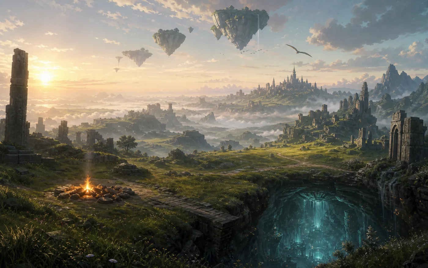 Original fantasy scene of grasslands, sky islands, and underground ruins