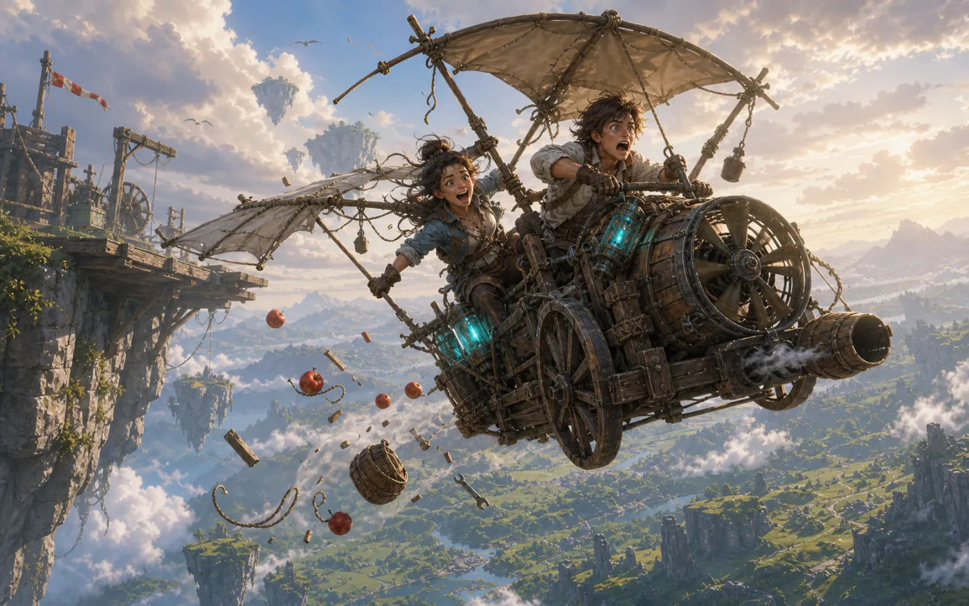 Original scene of a wobbly homemade flying vehicle