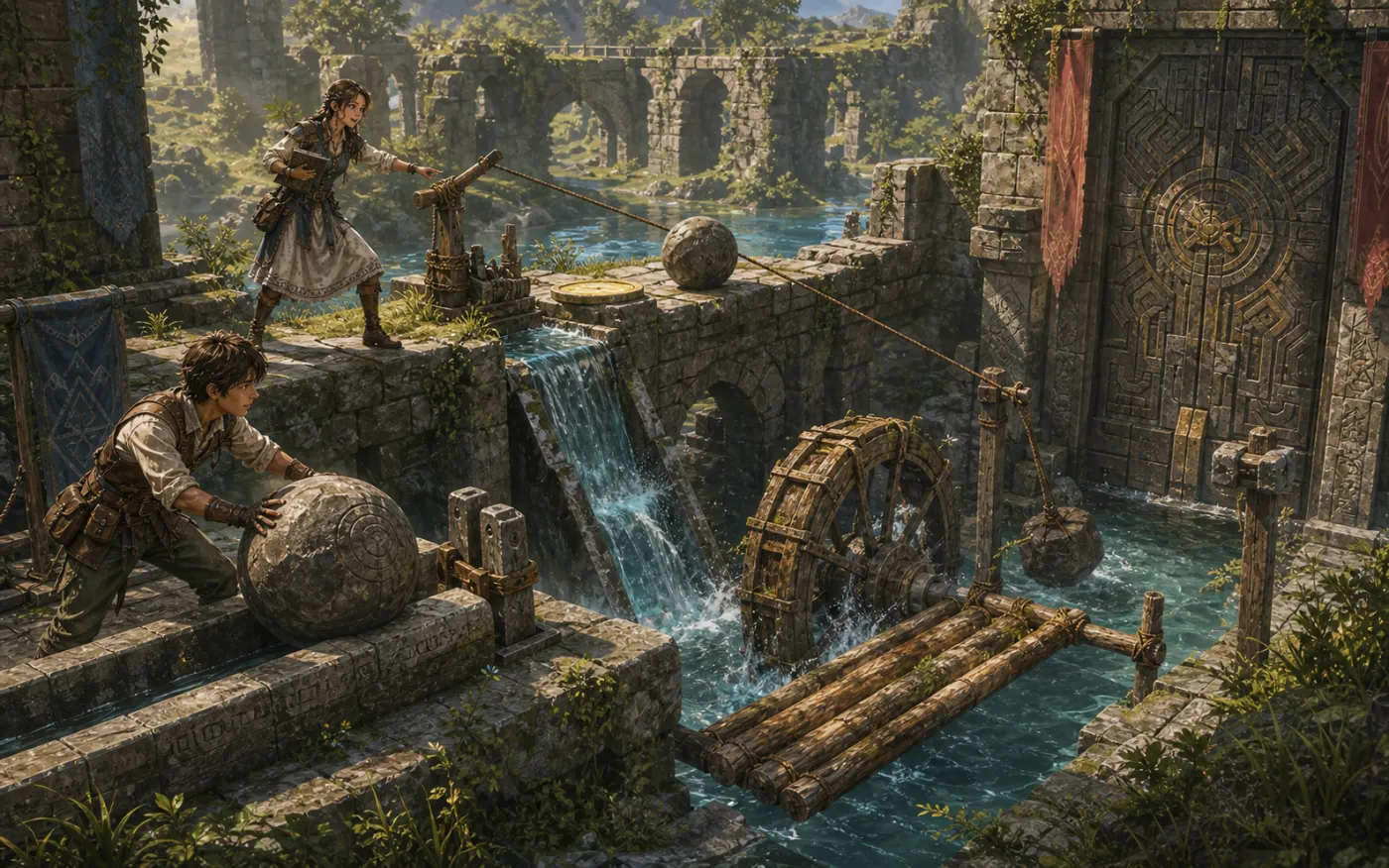 Original scene of a water wheel, boulder, wooden bridge, and chained contraptions