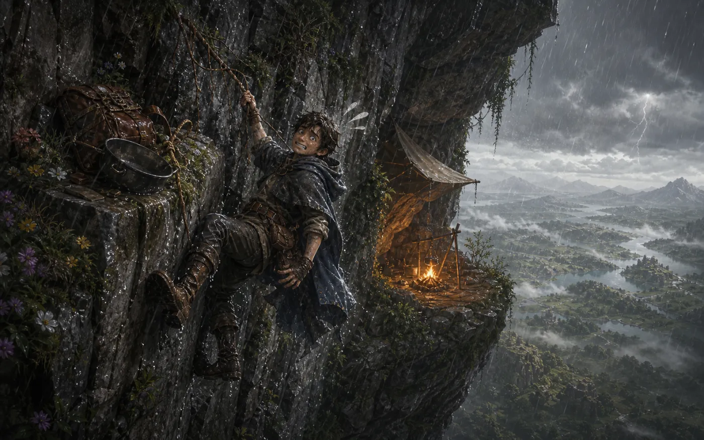 Original scene of slipping while climbing in the rain near a ledge campfire