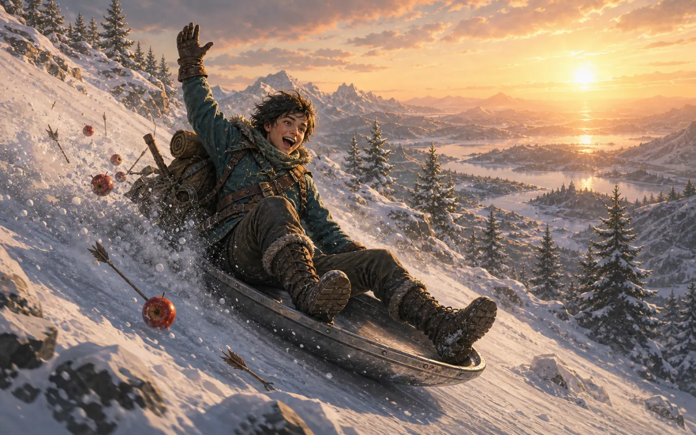 Original scene of shield surfing down a snowy slope
