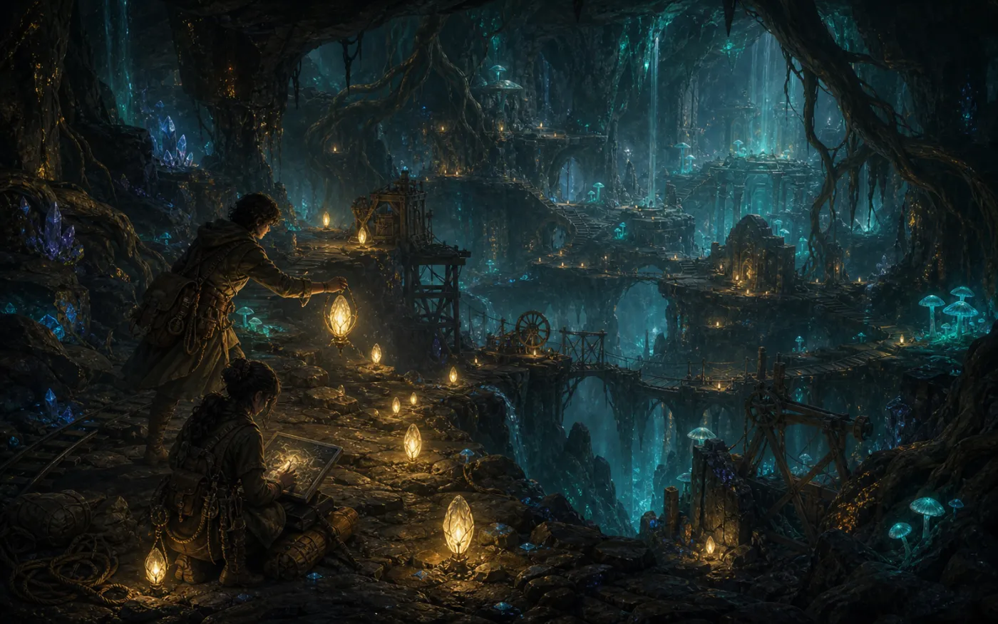 Original scene of lighting the way through an underground cave